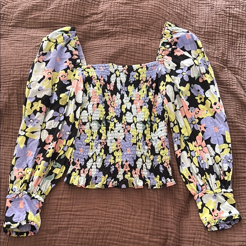 Free People Floral Smocked Puff Sleeve Blouse